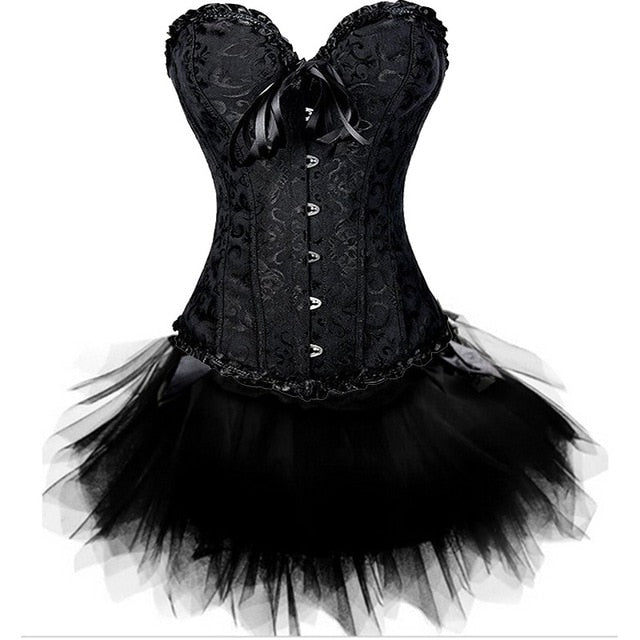 New Sexy Gothic Satin Lingerie Lace Corset Top + G-string + Skirt Bustier Mini Tutu Wedding Dress Costume Black Corset S-6XL