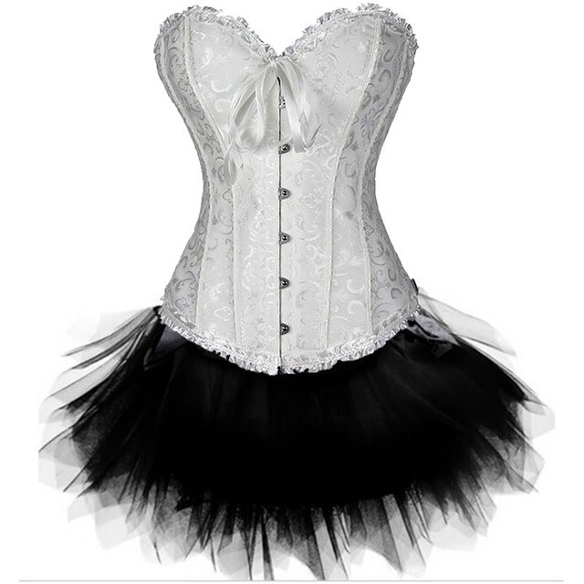 New Sexy Gothic Satin Lingerie Lace Corset Top + G-string + Skirt Bustier Mini Tutu Wedding Dress Costume Black Corset S-6XL