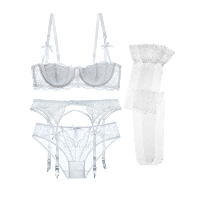 Varsbaby sexy lace push up underwear set half cup bra+panties+garter+stockings