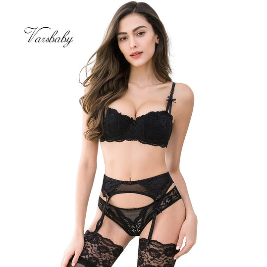 Varsbaby sexy lace push up underwear set half cup bra+panties+garter+stockings