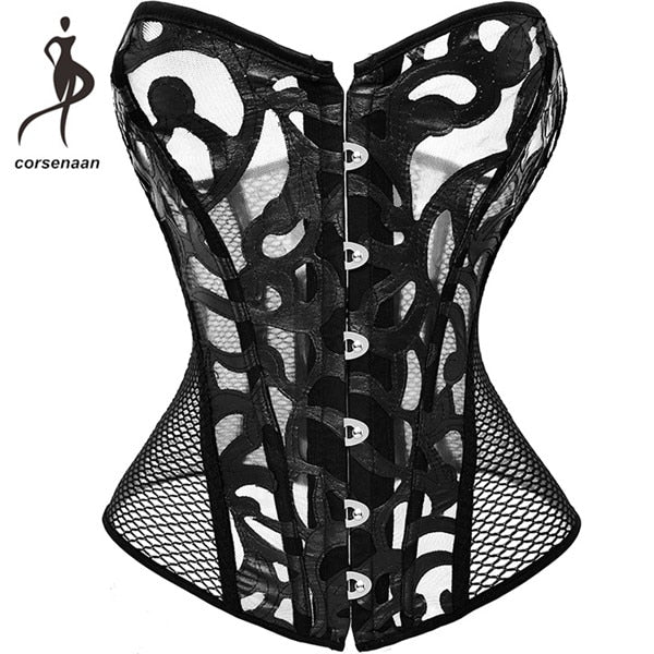 Black Women's Breathable Shapwear Costumes Sexy Transparent Mesh Corselet Hollow Out Corset Bustier Top With G String 930#