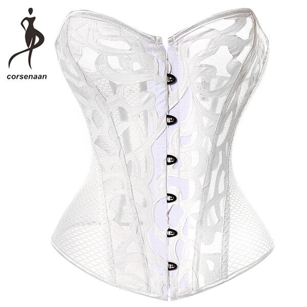 Black Women's Breathable Shapwear Costumes Sexy Transparent Mesh Corselet Hollow Out Corset Bustier Top With G String 930#
